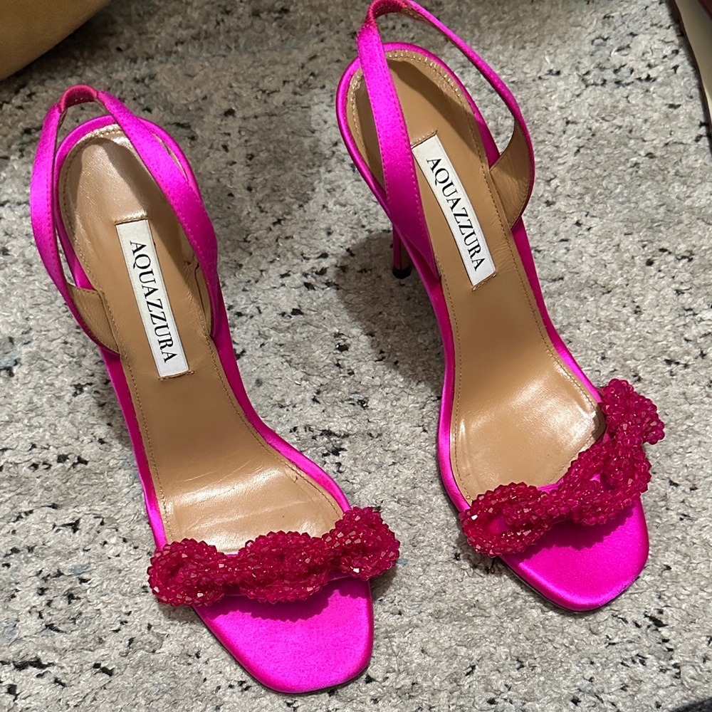 Aquazzura “Lovelock / Love Link” Fuchsia Satin Beaded Strap Heels